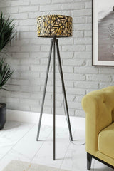 Yellow Brown Lines Patterned Decorative Modern Wooden Mdf Tripod Floor Floor Lamp - Swordslife