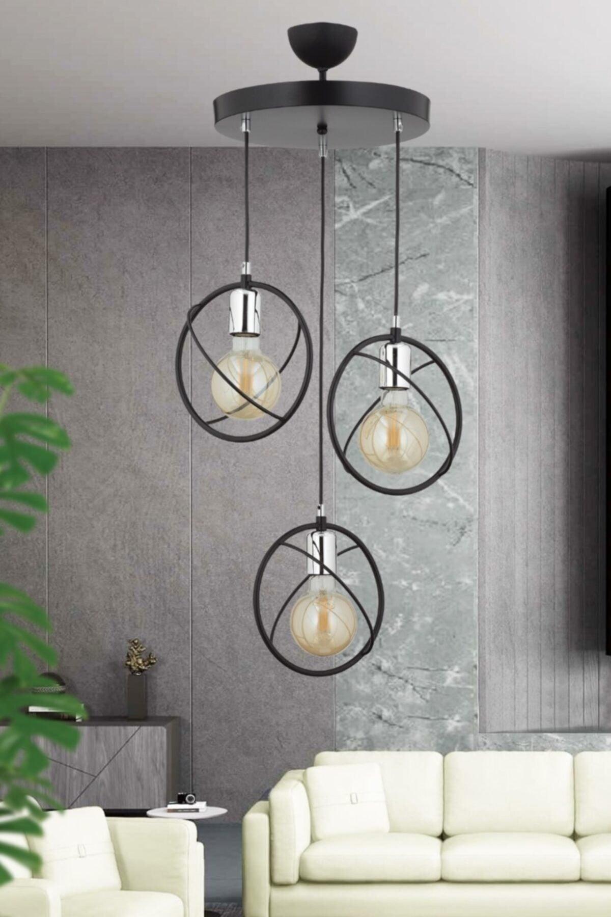 Zeren 3 Piece Modern Design Chrome Black Pendant Lamp Chandelier - Swordslife